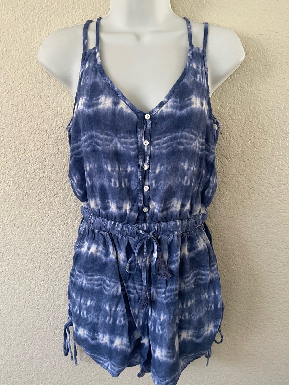 Hollister Blue White Tie‎ Dye Adjustable Romper with Drawstring Waist Size M